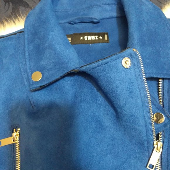 Vibrant blue faux suede biker jacket - Picture 3 of 4
